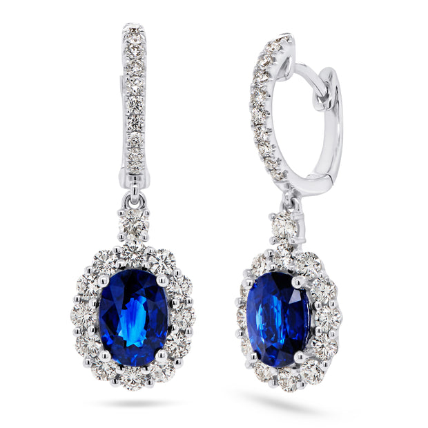 Uneek Precious Collection Halo Oval Blue Sapphire Drop Earrings