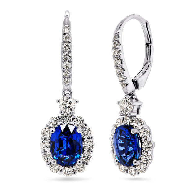 Uneek Precious Collection Halo Oval Blue Sapphire Drop Earrings