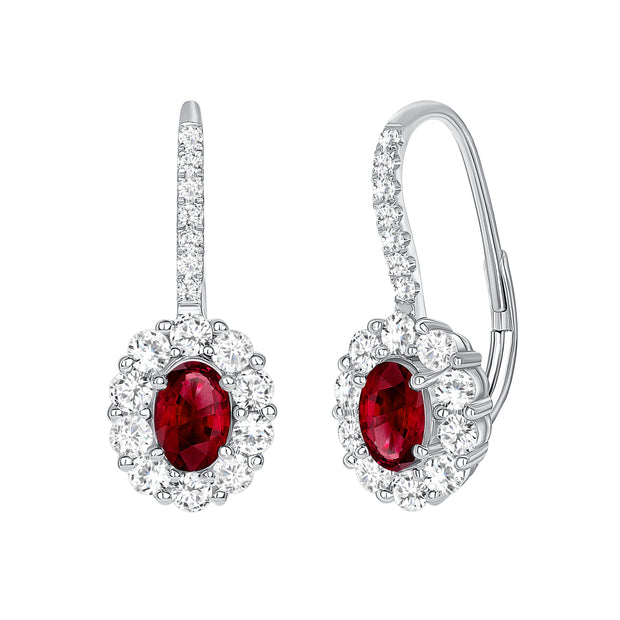 Uneek Precious Collection Halo Oval Shaped Ruby Drop Earrings