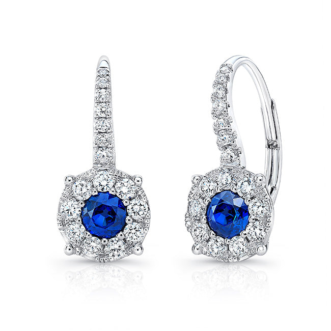 Uneek Round Blue Sapphire Leverback Earrings with Diamond Halos