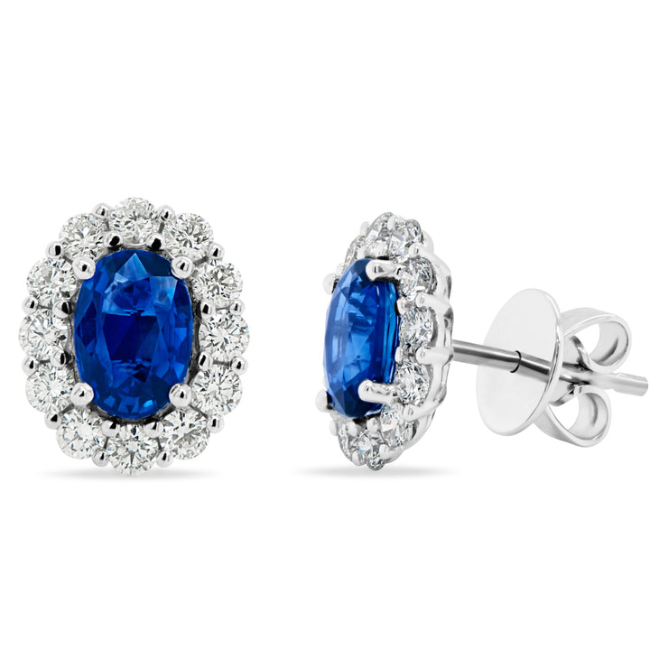 Uneek Precious Collection Halo Oval Blue Sapphire Stud Earrings
