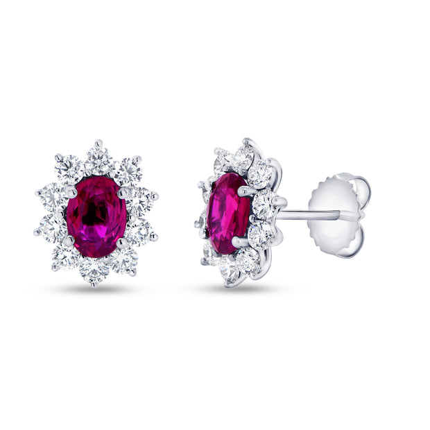 Uneek Precious Collection Halo Oval Shaped Ruby Stud Earrings