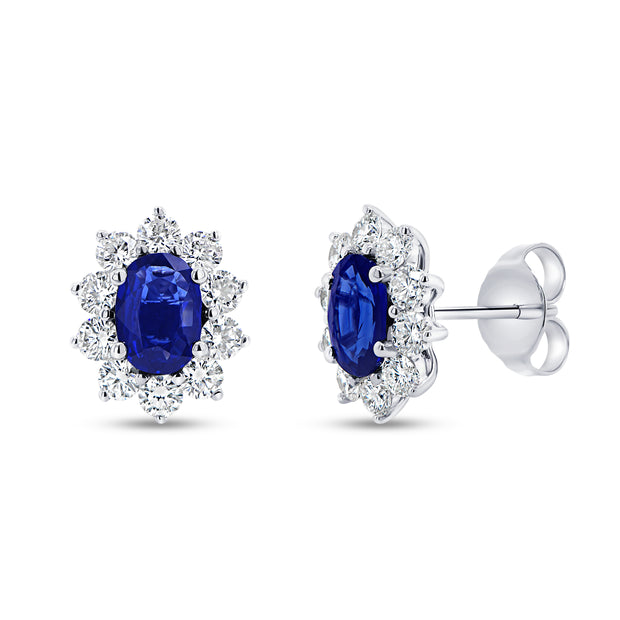 Uneek Precious Collection Halo Oval Shaped Blue Sapphire Stud Earrings