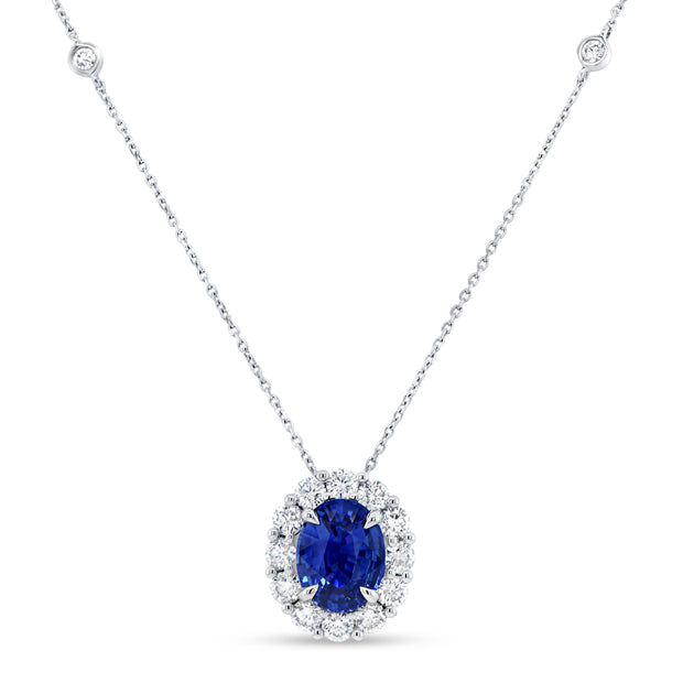 Uneek Precious Collection Halo Oval Blue Sapphire Drop Pendant