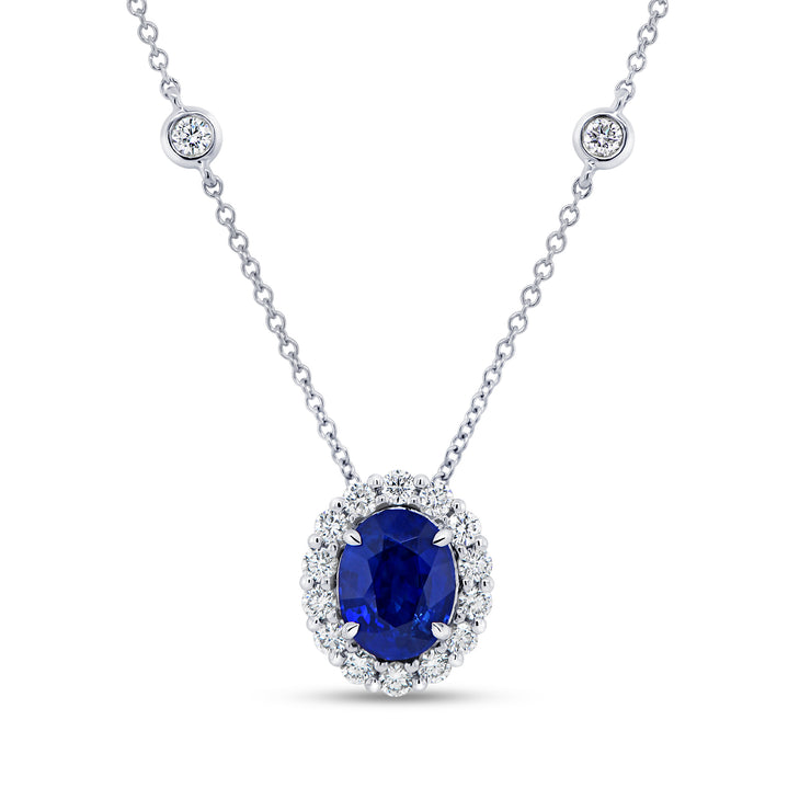 Uneek Precious Collection Halo Oval Blue Sapphire Drop Pendant