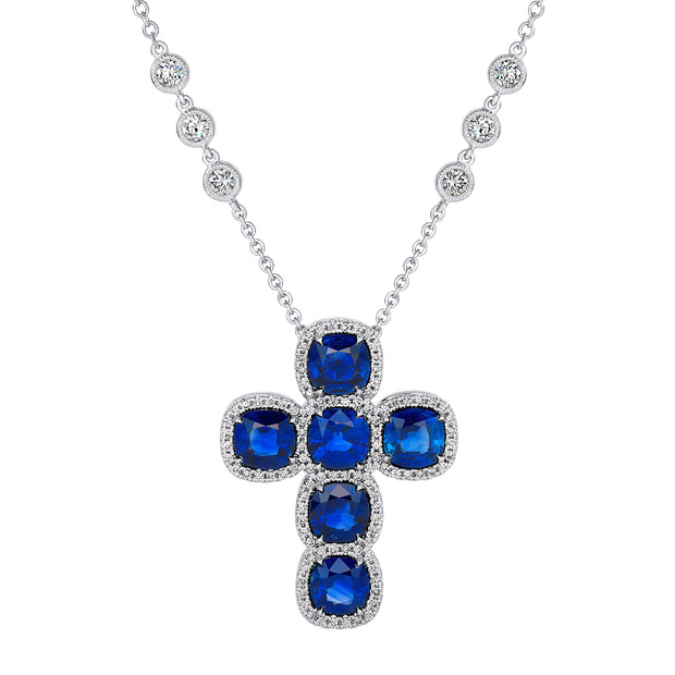 Uneek Precious Collection Cross Cushion Blue Sapphire Religious Necklace