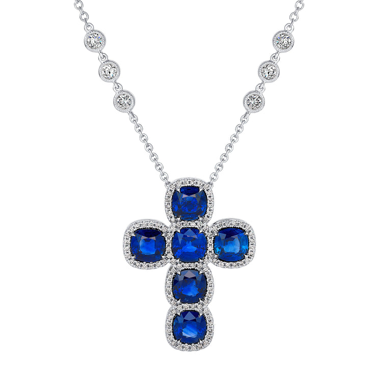 Uneek Precious Collection Cross Cushion Blue Sapphire Religious Necklace