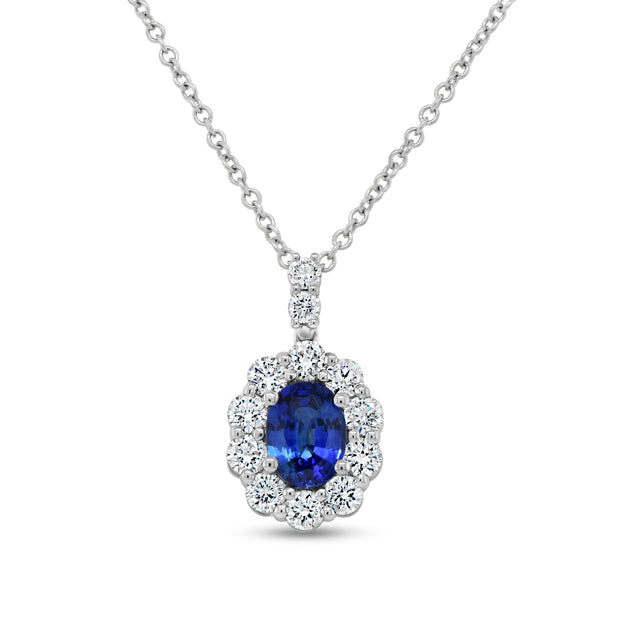 Uneek Precious Collection Halo Oval Blue Sapphire Drop Pendant