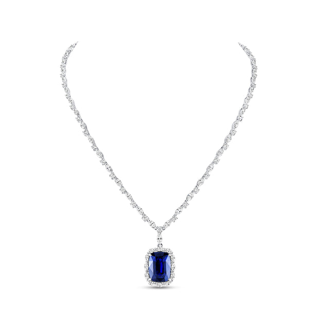 Uneek Precious Collection Halo Blue Sapphire Drop Necklace
