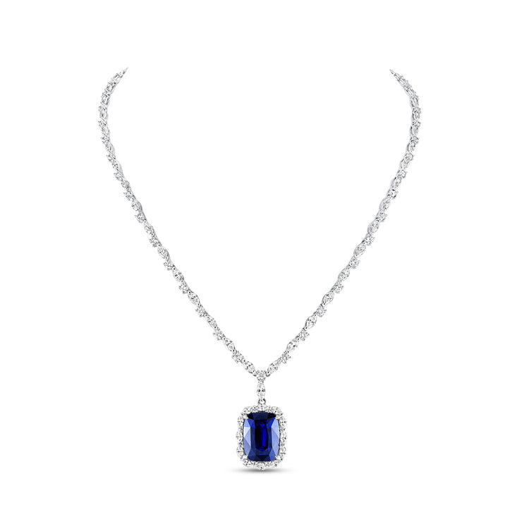 Uneek Precious Collection Halo Blue Sapphire Drop Necklace