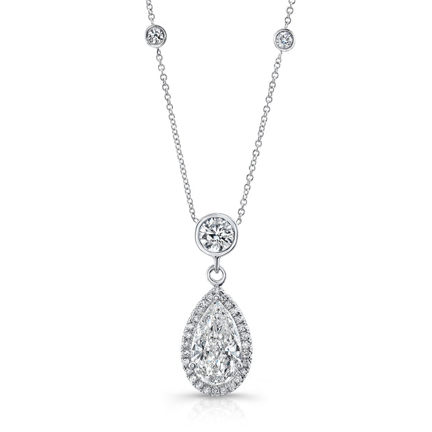 Uneek Pear-Shaped Diamond Halo Pendant Necklace with Round Diamond Accents