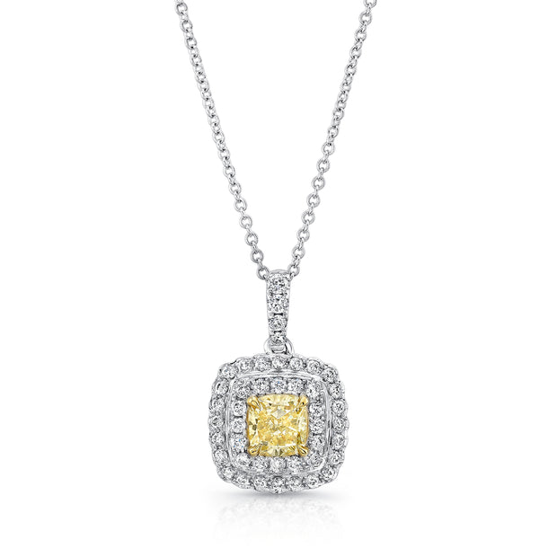 Uneek Natureal Collection Double-Halo Cushion Fancy Yellow Diamond Drop Pendant