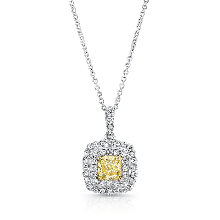 Uneek Cushion-Cut Fancy Yellow Diamond Pendant with Dreamy Scalloped Double Halo