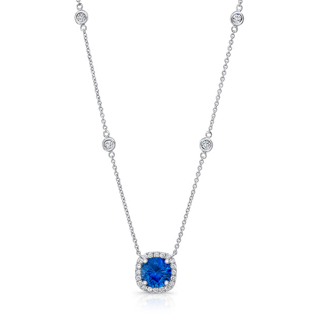 Uneek Precious Collection Halo Round Blue Sapphire Drop Pendant