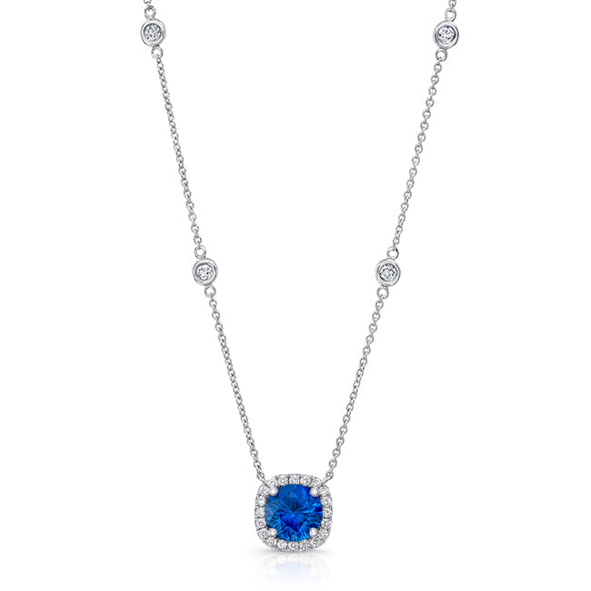 Uneek Precious Collection Halo Round Blue Sapphire Drop Pendant