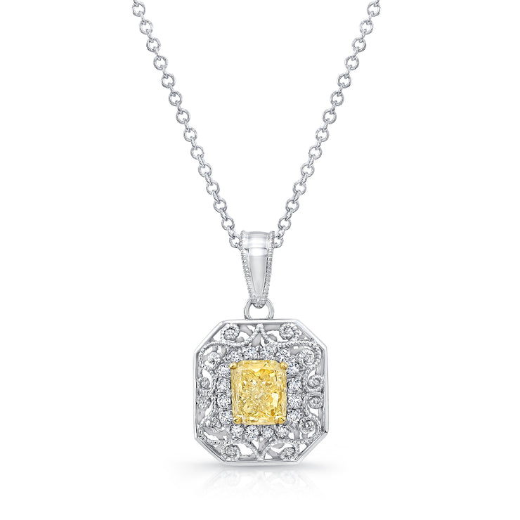 Uneek Radiant-Cut Fancy Yellow Diamond Pendant with Diamond and Filigree Halo