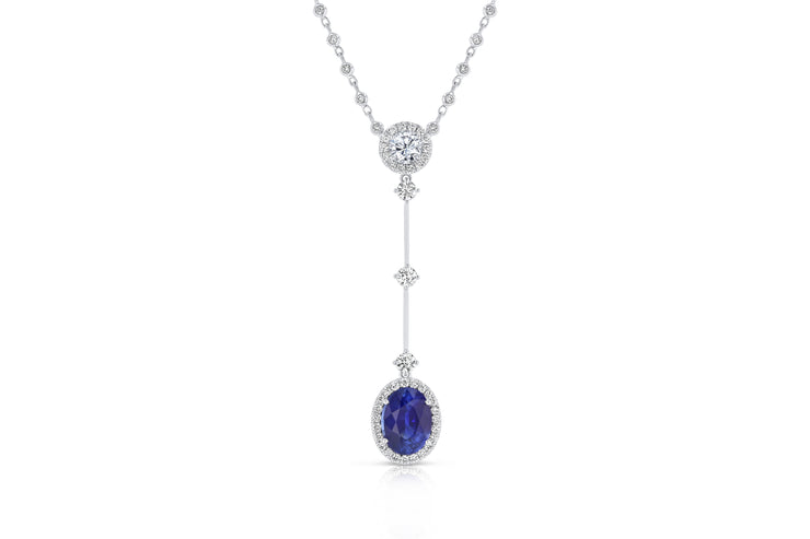 Uneek Precious Collection Halo Oval Blue Sapphire Dangle Necklace