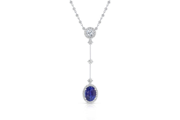 Uneek Precious Collection Halo Oval Shaped Blue Sapphire Lariat Necklace