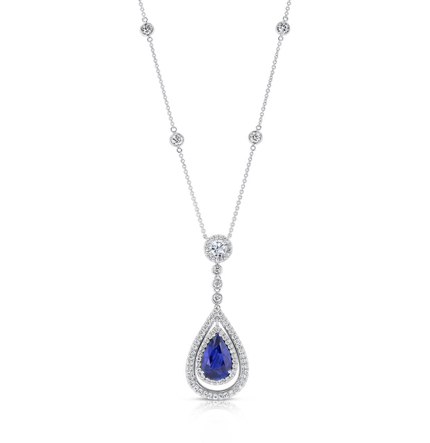 Uneek Precious Collection Double-Halo Pear Blue Sapphire Drop Pendant