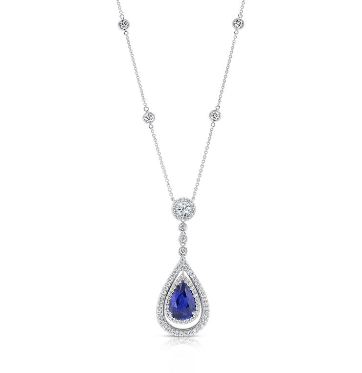 Uneek Precious Collection Double-Halo Pear Shaped Blue Sapphire Drop Pendant