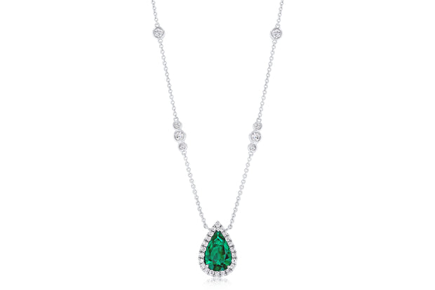 Uneek Precious Collection Halo Pear Shaped Emerald Opera Necklace