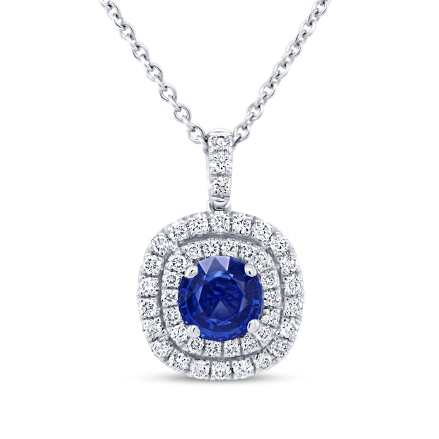 Uneek Precious Collection Double-Halo Round Blue Sapphire Drop Pendant