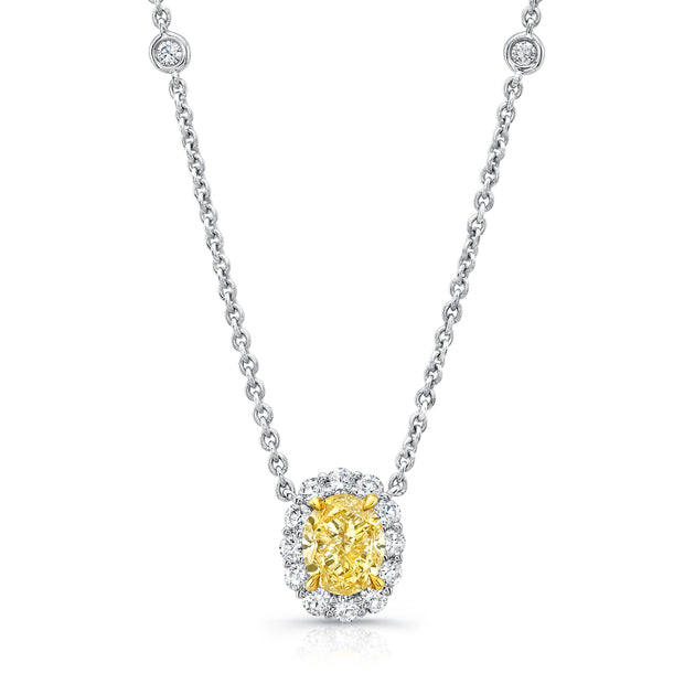 Uneek Oval Fancy Yellow Diamond Pendant with Round Diamond Halo and Bezel Chain Accents