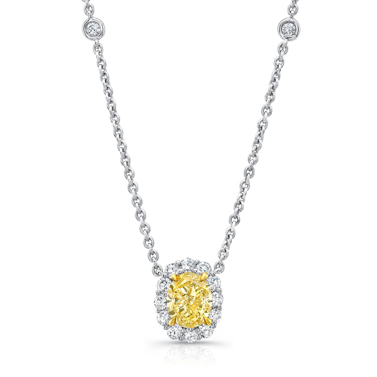 Uneek Oval Fancy Yellow Diamond Pendant with Round Diamond Halo and Bezel Chain Accents