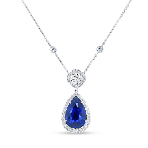 Uneek Precious Collection Halo Pear Blue Sapphire Drop Pendant