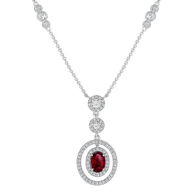 Uneek Precious Collection Halo Oval Ruby Dangle Necklace