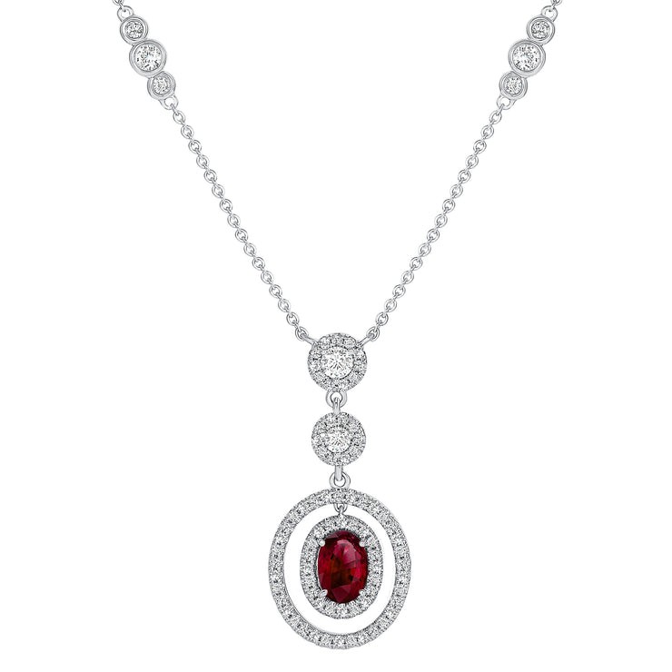 Uneek Precious Collection Halo Oval Ruby Dangle Necklace