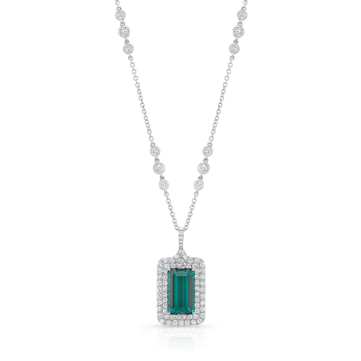 Uneek Precious Collection Double-Halo Emerald Green Tourmaline Drop Pendant
