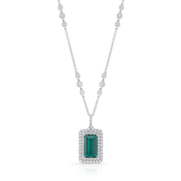 Uneek Precious Collection Double-Halo Emerald Green Tourmaline Drop Pendant