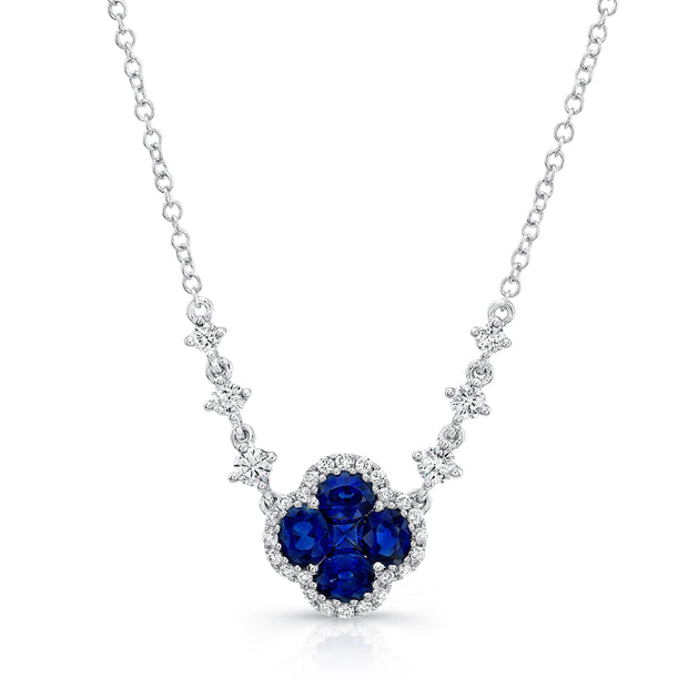 Uneek Precious Collection Floral Round Blue Sapphire Drop Necklace