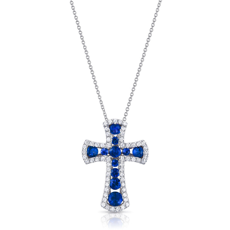Uneek Precious Collection Cross Round Blue Sapphire Religious Pendant