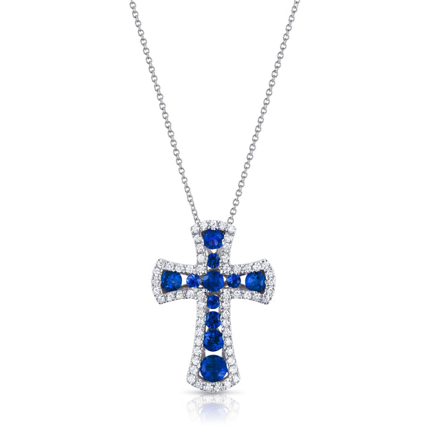 Uneek Precious Collection Cross Round Blue Sapphire Religious Pendant