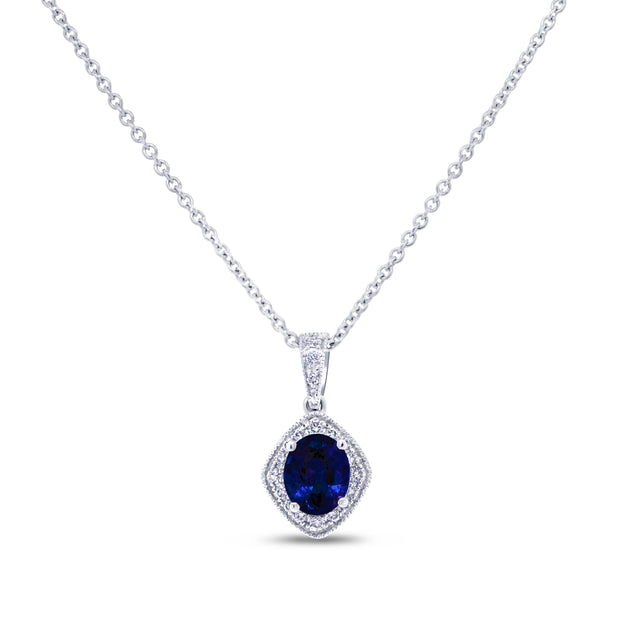 Uneek Precious Collection Halo Oval Blue Sapphire Drop Pendant