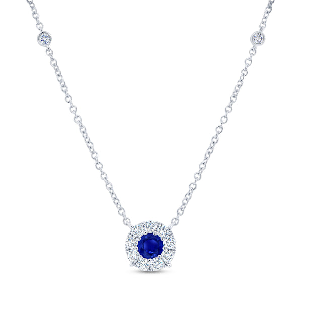 Uneek Precious Collection Halo Round Blue Sapphire Drop Pendant