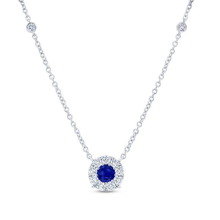 Uneek Precious Collection Halo Round Blue Sapphire Drop Pendant