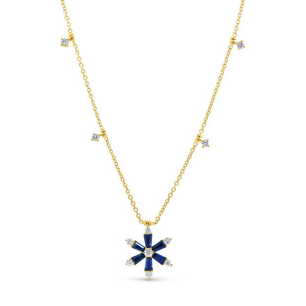 Uneek Cascade Collection Baguette Blue Sapphire Drop Necklace