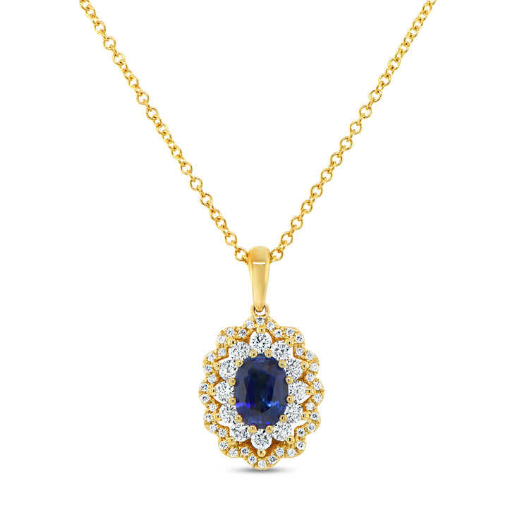 Uneek Precious Collection Double-Halo Round Blue Sapphire Drop Pendant