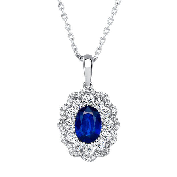 Uneek Precious Collection Double-Halo Round Blue Sapphire Drop Pendant
