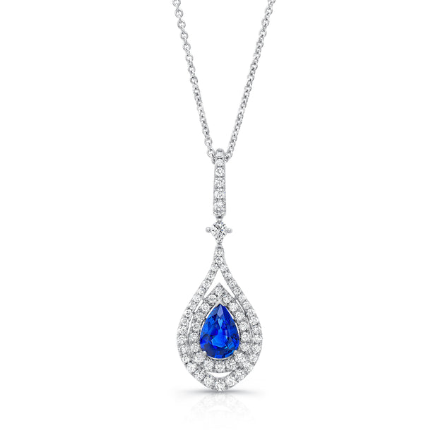 Uneek Pear-Shaped Blue Sapphire Pendant with Diamond Double Halo