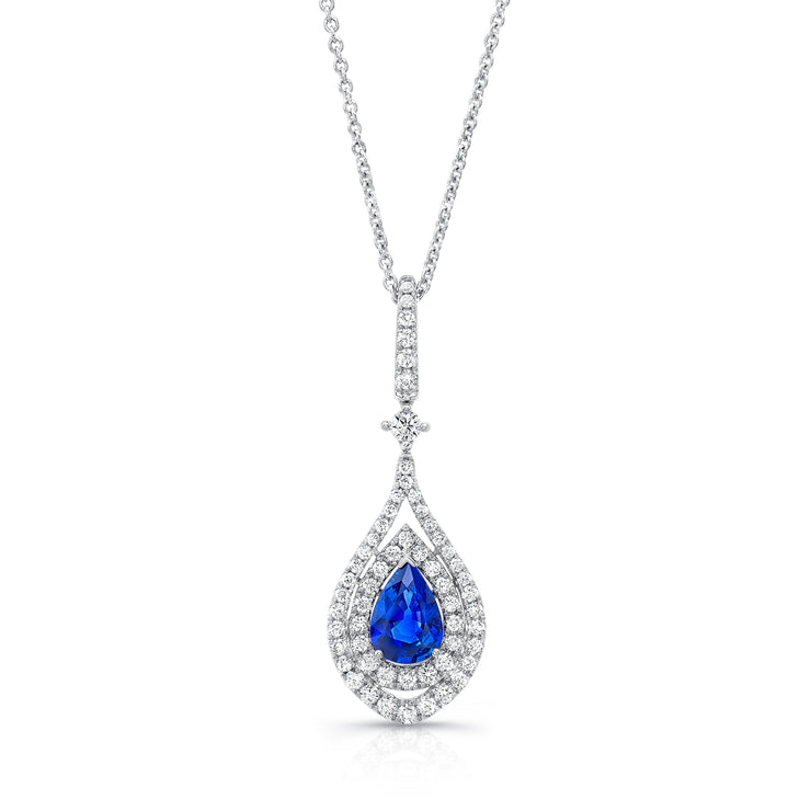 Uneek Precious Collection Halo Round Blue Sapphire Drop Pendant