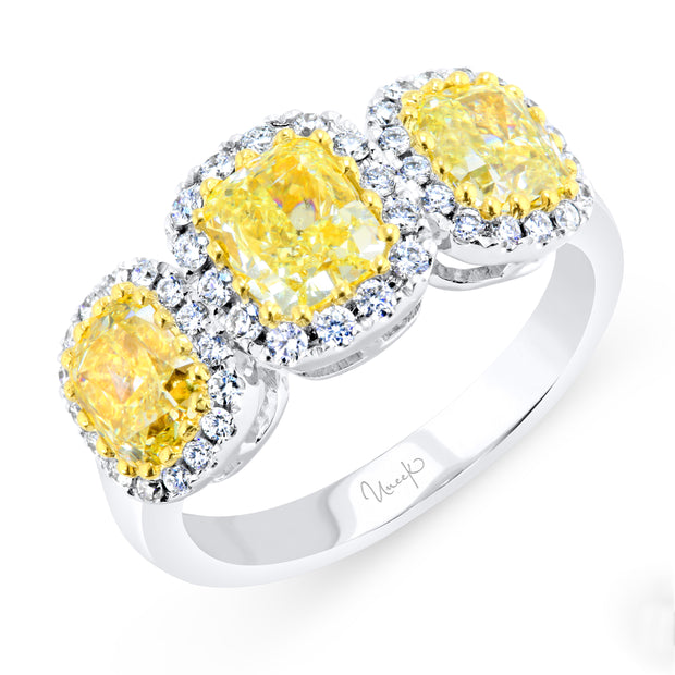 Uneek Cushion Fancy Yellow Diamond Three-Stone Three-Halo Ring