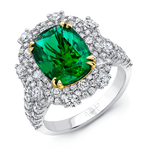 Uneek Precious Collection Halo Cushion Emerald Engagement Ring