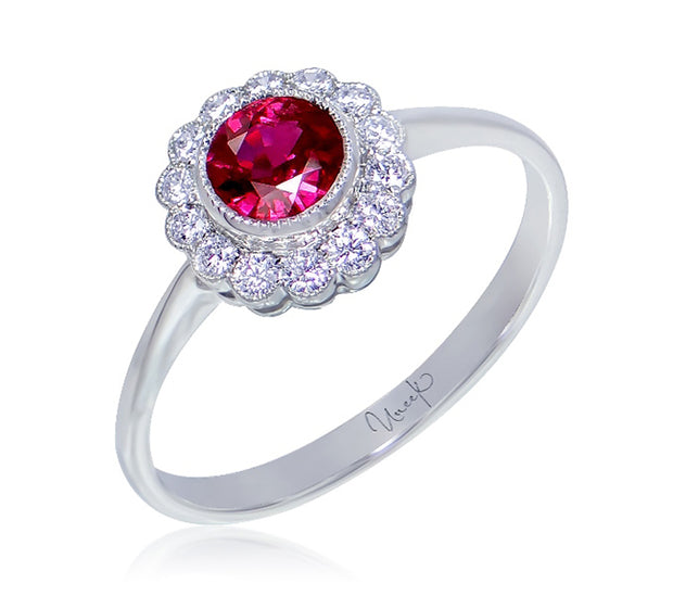 Uneek Bezel-Set Round Ruby Ring with Scalloped Diamond Halo and Vintage-Style Milgrain