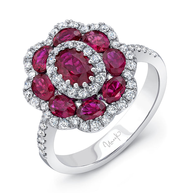 Uneek Precious Collection Halo Oval Shaped Ruby Fashion Ring