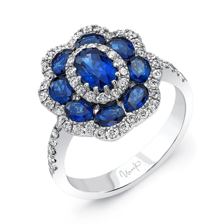 Uneek Precious Collection Halo Oval Shaped Blue Sapphire Fashion Ring