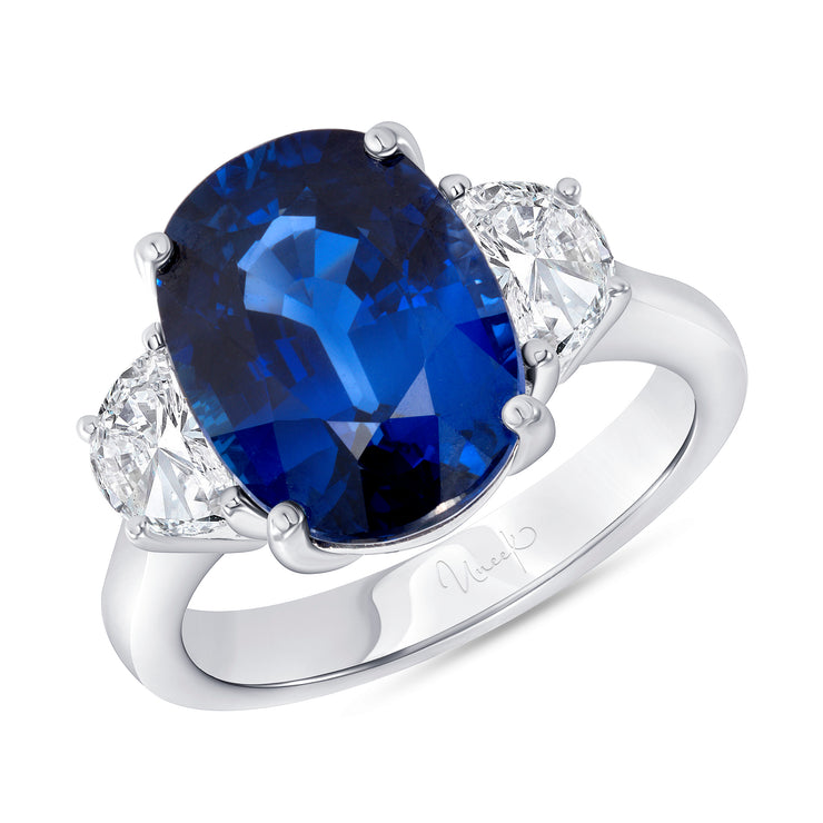 Uneek Precious Collection Three-Stone Oval Blue Sapphire Engagement Ring